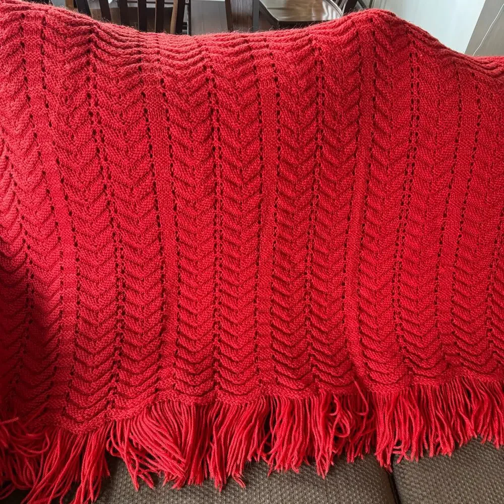 Handmade Crochet Afghan Throw Blanket Blood Orange Red Chevron Ripple Pattern